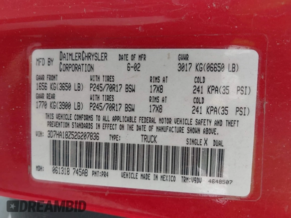 2002 Dodge 1500 with VIN 3D7HA18Z52G207836, listed as a IAAI auction lot 41842482 with 263,551 mi miles and . Bid and sale history available at DreamBid. Image 9.