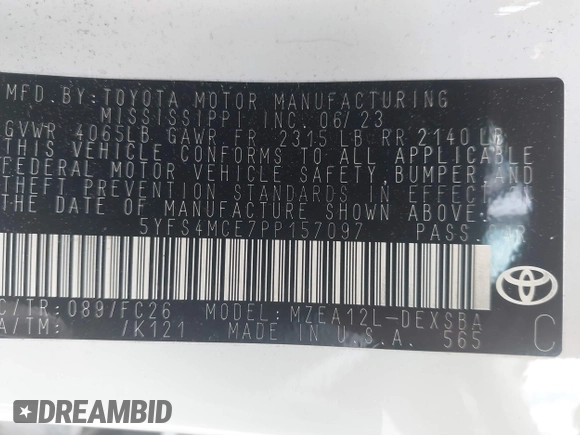 2023 Toyota Corolla SE with VIN 5YFS4MCE7PP157097, listed as a IAAI auction lot 41846383 with 23,487 mi miles and . Bid and sale history available at DreamBid. Image 9.