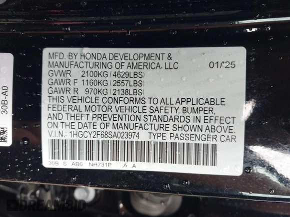 2025 Honda Accord EX-L with VIN 1HGCY2F68SA023974, listed as a IAAI auction lot 42487900 with Not provided miles and . Bid and sale history available at DreamBid. Image 9.