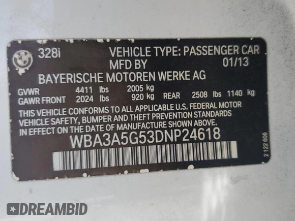 2013 BMW 3 Series 328i с VIN WBA3A5G53DNP24618, выставлен на аукционе Copart как лот 61731845 с пробегом 207 434 миль миль и Списание • Salvage title. История ставок и продаж доступна на DreamBid. Изображение 12.