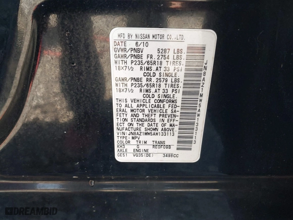 2010 Nissan Murano SL with VIN JN8AZ1MW5AW133113, listed as a IAAI auction lot 41725440 with 162,983 mi miles. Bid and sale history available at carsss.com. Image 9.