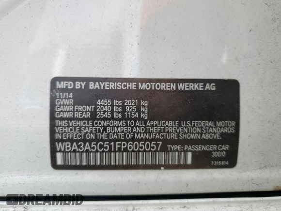 2015 BMW 3 Series 328i with VIN WBA3A5C51FP605057, listed as a Copart auction lot 45147775 with 121,448 mi miles and Salvage Title. Bid and sale history available at carsss.com. Image 12.
