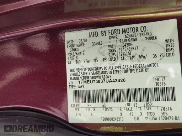 2007 Ford Explorer Eddie Bauer with VIN 1FMEU74837UA43426, listed as a IAAI auction lot 42130393 with 220,169 mi miles and . Bid and sale history available at DreamBid. Image 9.