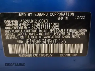 2022 Subaru WRX Premium with VIN JF1VBAF64N9033125, listed as a IAAI auction lot 41894038 with 20,847 mi miles and . Bid and sale history available at DreamBid. Image 9.