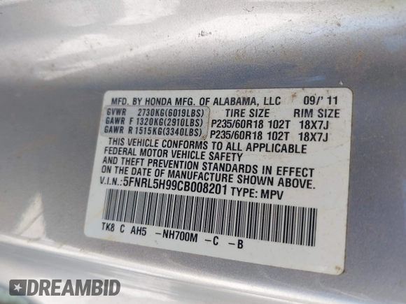 2012 Honda Odyssey Touring с VIN 5FNRL5H99CB008201, выставлен на аукционе IAAI как лот 42308147 с пробегом 217 715 миль миль и . История ставок и продаж доступна на DreamBid. Изображение 9.