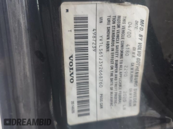 2000 Volvo S70 z VIN YV1LS61J3Y2668760, wystawiony jako Copart lot #86589334 z przebiegiem 147 183 mil mil oraz Czysty tytuł • Clean title. Historia ofert i sprzedaży dostępna na DreamBid. Obrazek 12.