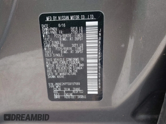 2016 Nissan Quest SV z VIN JN8AE2KP7G9157689, wystawiony jako IAAI lot #41869963 z przebiegiem 89 777 mil mil oraz . Historia ofert i sprzedaży dostępna na DreamBid. Obrazek 9.