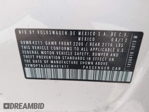 2012 Volkswagen Jetta SE z VIN 3VWDP7AJ3CM401411, wystawiony jako IAAI lot #42374516 z przebiegiem 222 317 mil mil oraz . Historia ofert i sprzedaży dostępna na DreamBid. Obrazek 9.