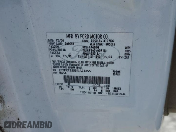 2005 Ford F-150 XLT with VIN 1FTPX12555NA74355, listed as a Copart auction lot 55799465 with 137,216 mi miles and Salvage title. Bid and sale history available at DreamBid. Image 12.