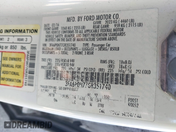2016 Ford Fusion SE with VIN 3FA6P0H77GR351740, listed as a IAAI auction lot 41854516 with 177,574 mi miles and . Bid and sale history available at DreamBid. Image 9.