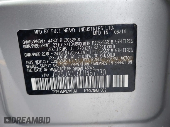 2015 Subaru Forester Touring with VIN JF2SJAUC8FH467730, listed as a IAAI auction lot 42403195 with 142,287 mi miles and . Bid and sale history available at DreamBid. Image 9.