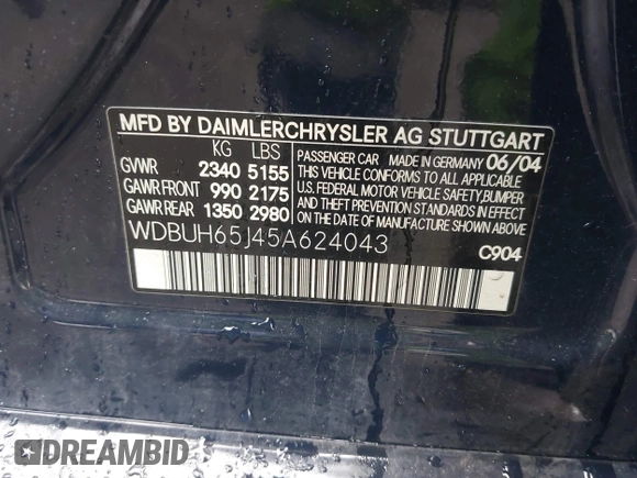 2005 Mercedes-Benz E 320 with VIN WDBUH65J45A624043, listed as a IAAI auction lot 41808006 with 190,444 mi miles and . Bid and sale history available at DreamBid. Image 9.