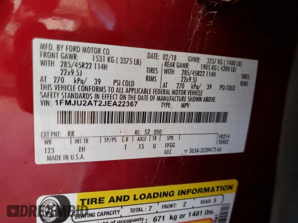 2018 Ford Expedition Limited with VIN 1FMJU2AT2JEA22367, listed as a Copart auction lot 51917415 with 133,886 mi miles and Salvage Title. Bid and sale history available at carsss.com. Image 15.