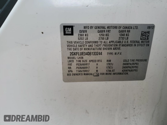 2013 GMC Terrain SLT with VIN 2GKFLUE34D6133244, listed as a Copart auction lot 43726125 with Not Provided miles and Salvage Title. Bid and sale history available at carsss.com. Image 14.