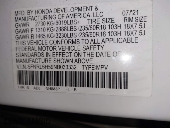 2022 Honda Odyssey EX with VIN 5FNRL6H59NB033332, listed as a IAAI auction lot 41557746 with 205,504 mi miles and . Bid and sale history available at DreamBid. Image 9.