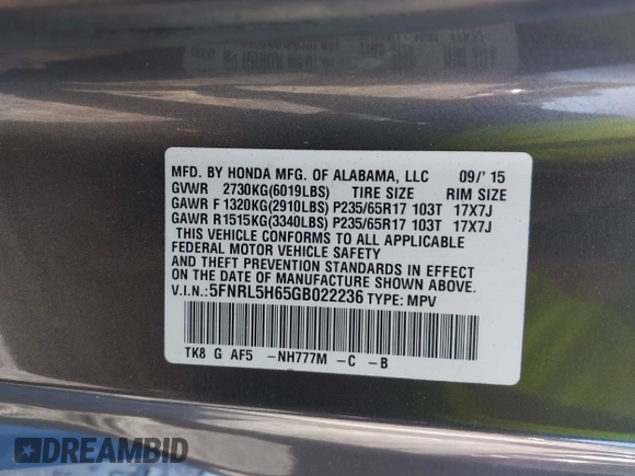 2016 Honda Odyssey EX-L with VIN 5FNRL5H65GB022236, listed as a IAAI auction lot 40761542 with 236,979 mi miles. Bid and sale history available at carsss.com. Image 9.