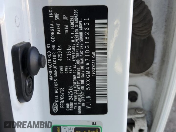 2013 Kia Optima LX z VIN 5XXGM4A71DG182351, wystawiony jako Copart lot #53869324 z przebiegiem 125 893 mil mil oraz Szkoda całkowita • Salvage title. Historia ofert i sprzedaży dostępna na DreamBid. Obrazek 14.