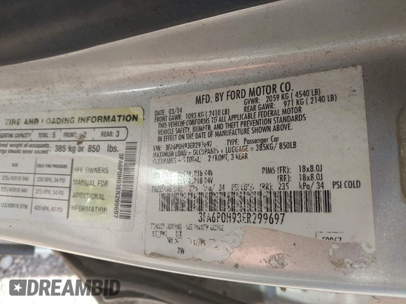 2014 Ford Fusion SE with VIN 3FA6P0H93ER299697, listed as a IAAI auction lot 42139387 with Not Provided miles and . Bid and sale history available at carsss.com. Image 9.