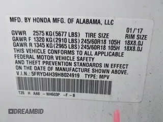 2017 Acura MDX with VIN 5FRYD4H39HB024919, listed as a IAAI auction lot 41785118 with 90,573 mi miles. Bid and sale history available at carsss.com. Image 9.
