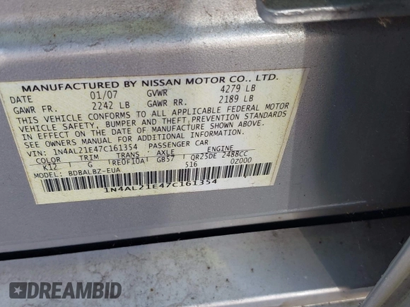 2007 Nissan Altima S with VIN 1N4AL21E47C161354, listed as a IAAI auction lot 42226945 with 341,250 mi miles and . Bid and sale history available at DreamBid. Image 9.