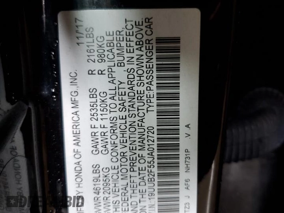 2018 Acura TLX Technology with VIN 19UUB2F55JA012720, listed as a Copart auction lot 57236795 with 114,764 mi miles and Non repairable. Bid and sale history available at DreamBid. Image 12.