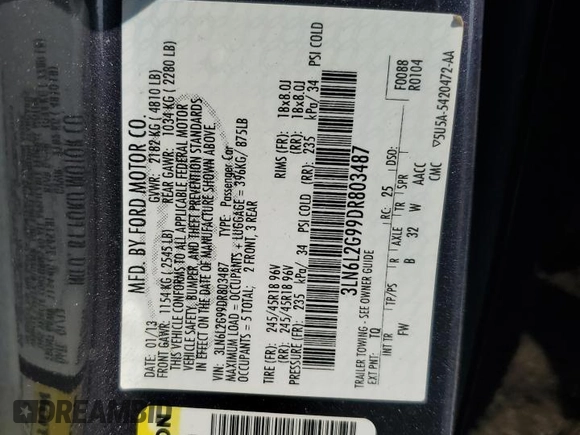 2013 Lincoln MKZ z VIN 3LN6L2G99DR803487, wystawiony jako Copart lot #58232125 z przebiegiem 123 005 mil mil oraz Szkoda całkowita • Salvage title. Historia ofert i sprzedaży dostępna na DreamBid. Obrazek 12.