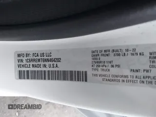 2022 Ram 1500 Big Horn z VIN 1C6RREMT6NN464202, wystawiony jako IAAI lot #42153905 z przebiegiem 34 316 mil mil oraz . Historia ofert i sprzedaży dostępna na DreamBid. Obrazek 9.