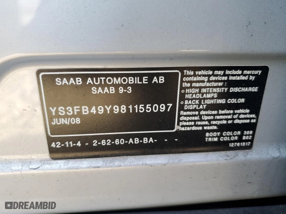 2008 Saab 9-3 with VIN YS3FB49Y981155097, listed as a Copart auction lot 77548084 with 81,472 mi miles and Salvage Title. Bid and sale history available at carsss.com. Image 14.