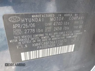 2006 Hyundai Azera SE with VIN KMHFC46F36A115873, listed as a IAAI auction lot 42199891 with 206,421 mi miles and . Bid and sale history available at DreamBid. Image 9.