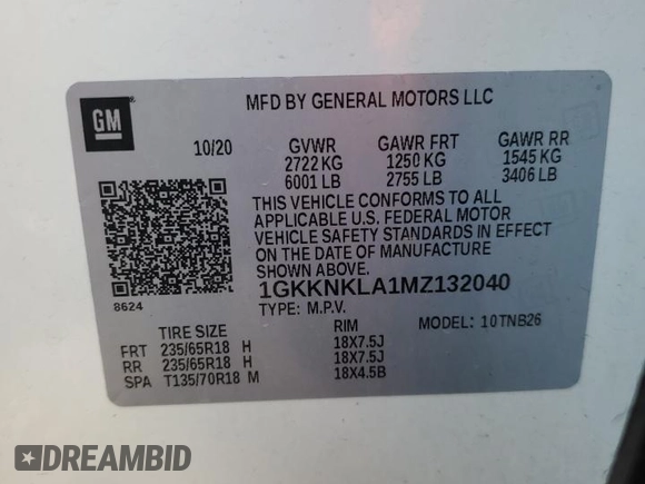 2021 GMC Acadia SLE with VIN 1GKKNKLA1MZ132040, listed as a Copart auction lot 43847995 with 91,777 mi miles and Salvage Title. Bid and sale history available at DreamBid. Image 13.