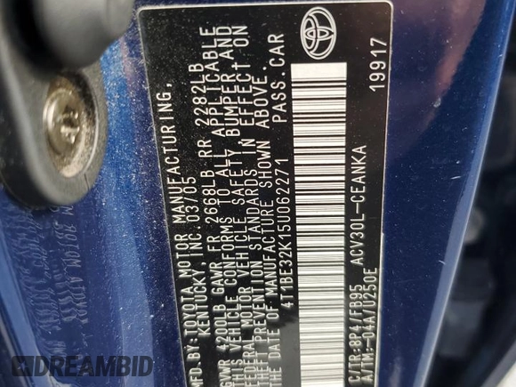 2005 Toyota Camry STD z VIN 4T1BE32K15U062271, wystawiony jako Copart lot #55957155 z przebiegiem 187 231 mil mil oraz Szkoda całkowita • Salvage title. Historia ofert i sprzedaży dostępna na DreamBid. Obrazek 12.