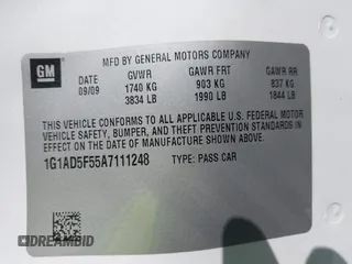 2010 Chevrolet Cobalt 1LT with VIN 1G1AD5F55A7111248, listed as a IAAI auction lot 42103277 with Not Provided miles and . Bid and sale history available at DreamBid. Image 9.