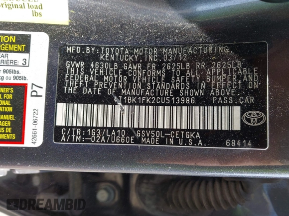 2012 Toyota Camry SE with VIN 4T1BK1FK2CU513986, listed as a IAAI auction lot 41538713 with 176,862 mi miles. Bid and sale history available at carsss.com. Image 9.
