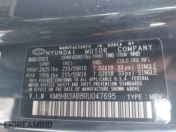 2024 Hyundai Kona SEL with VIN KM8HB3AB8RU047695, listed as a IAAI auction lot 41683971 with 22,833 mi miles and . Bid and sale history available at DreamBid. Image 9.