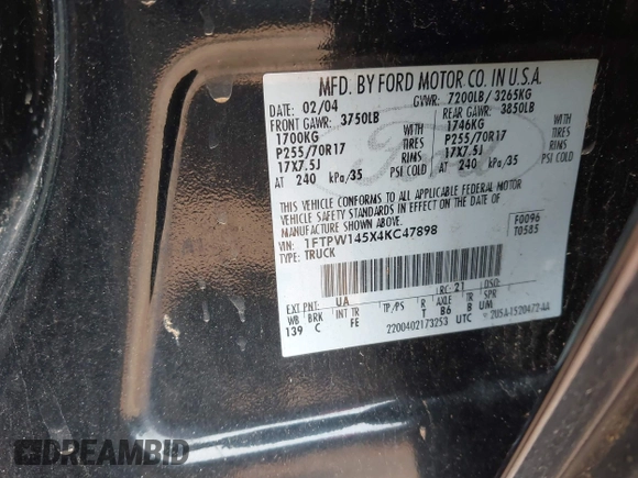 2004 Ford F-150 XLT with VIN 1FTPW145X4KC47898, listed as a IAAI auction lot 41617178 with 196,584 mi miles. Bid and sale history available at carsss.com. Image 9.