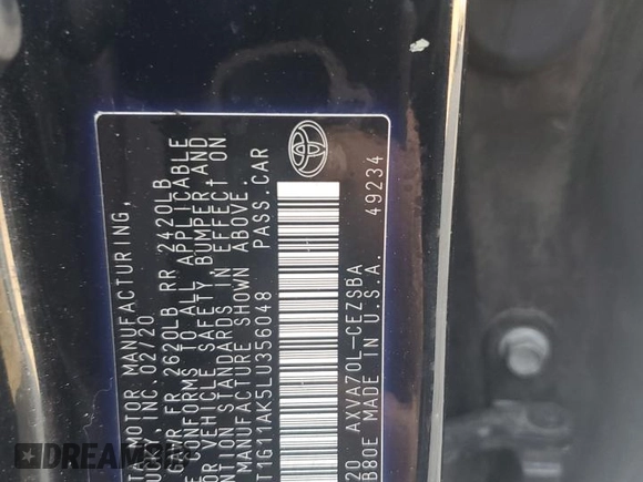 2020 Toyota Camry SE z VIN 4T1G11AK5LU356048, wystawiony jako Copart lot #49134755 z przebiegiem 145 143 mil mil oraz Nie do naprawy • Non repairable. Historia ofert i sprzedaży dostępna na DreamBid. Obrazek 15.