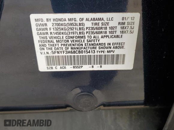 2012 Honda Pilot EX-L with VIN 5FNYF3H68CB015413, listed as a Copart auction lot 54212475 with 183,175 mi miles and Salvage title. Bid and sale history available at DreamBid. Image 12.