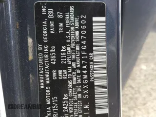2015 Kia Optima LX with VIN 5XXGM4A71FG470602, listed as a Copart auction lot 55504075 with 177,394 mi miles and Salvage Title. Bid and sale history available at DreamBid. Image 13.