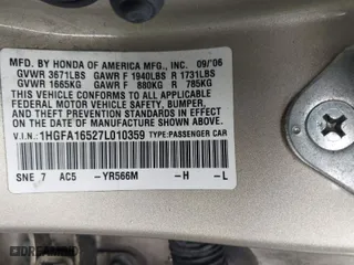 2007 Honda Civic Sdn LX with VIN 1HGFA16527L010359, listed as a IAAI auction lot 41923788 with 1 mi miles. Bid and sale history available at carsss.com. Image 9.