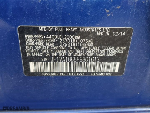 2015 Subaru WRX Limited with VIN JF1VA1G68F9801613, listed as a Copart auction lot 53996775 with 164,110 mi miles and Clean Title. Bid and sale history available at carsss.com. Image 12.