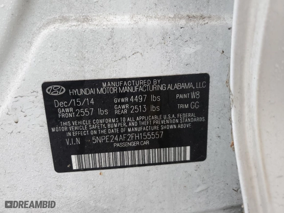 2015 Hyundai Sonata 2.4L SE with VIN 5NPE24AF2FH155557, listed as a Copart auction lot 85372854 with 269,581 mi miles and Clean Title. Bid and sale history available at carsss.com. Image 12.