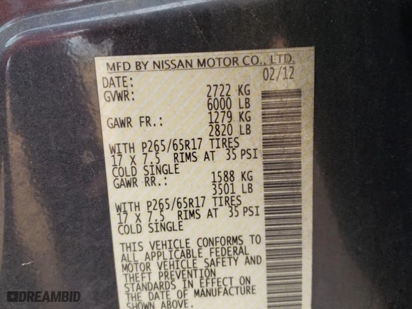 2012 Nissan Pathfinder SV with VIN 5N1AR1NN3CC617525, listed as a Copart auction lot 47938735 with 164,824 mi miles and Salvage Title. Bid and sale history available at carsss.com. Image 13.