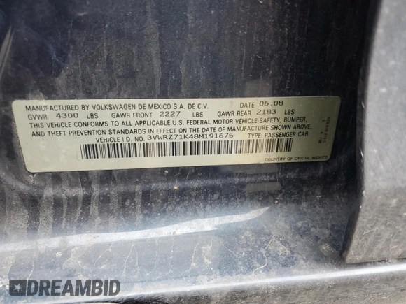 2008 Volkswagen Jetta SE with VIN 3VWRZ71K48M191675, listed as a Copart auction lot 47359465 with 185,741 mi miles and Salvage title. Bid and sale history available at DreamBid. Image 14.