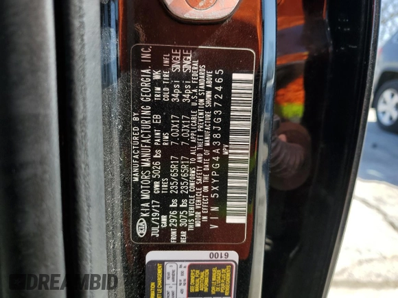 2018 Kia Sorento LX with VIN 5XYPG4A38JG372465, listed as a Copart auction lot 49063795 with 95,432 mi miles and Salvage Title. Bid and sale history available at carsss.com. Image 13.