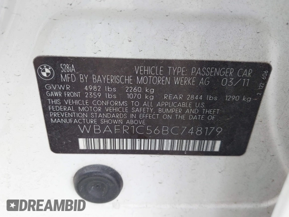 2011 BMW 5 Series 528i with VIN WBAFR1C56BC748179, listed as a IAAI auction lot 42072569 with 232,780 mi miles and . Bid and sale history available at carsss.com. Image 9.