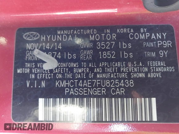 2015 Hyundai Accent GLS with VIN KMHCT4AE7FU825438, listed as a IAAI auction lot 41392005 with 111,913 mi miles and . Bid and sale history available at carsss.com. Image 9.
