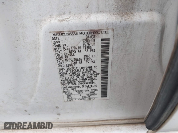 2008 Nissan Xterra S with VIN 5N1AN08U98C534925, listed as a IAAI auction lot 42024093 with 187,293 mi miles and . Bid and sale history available at DreamBid. Image 9.