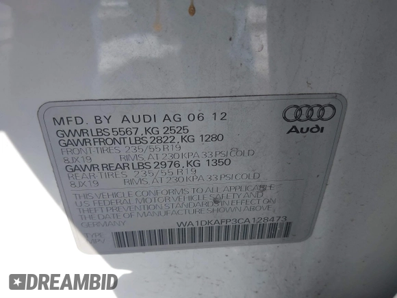 2012 Audi Q5 3.2L Premium Plus with VIN WA1DKAFP3CA128473, listed as a IAAI auction lot 41247682 with 183,373 mi miles. Bid and sale history available at carsss.com. Image 9.