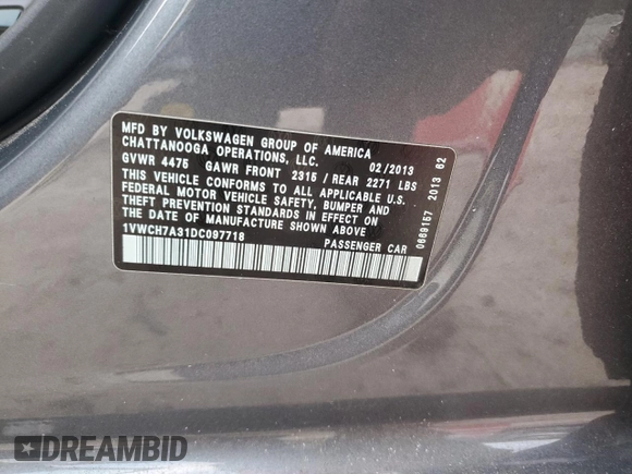 2013 Volkswagen Passat SEL Premium with VIN 1VWCH7A31DC097718, listed as a Copart auction lot 86296264 with 96,021 mi miles and Salvage Title. Bid and sale history available at carsss.com. Image 12.