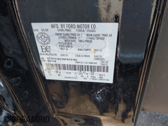 2009 Ford F-150 XL z VIN 1FTPX14V39FB15160, wystawiony jako IAAI lot #42681683 z przebiegiem 342 374 mil mil oraz . Historia ofert i sprzedaży dostępna na DreamBid. Obrazek 9.
